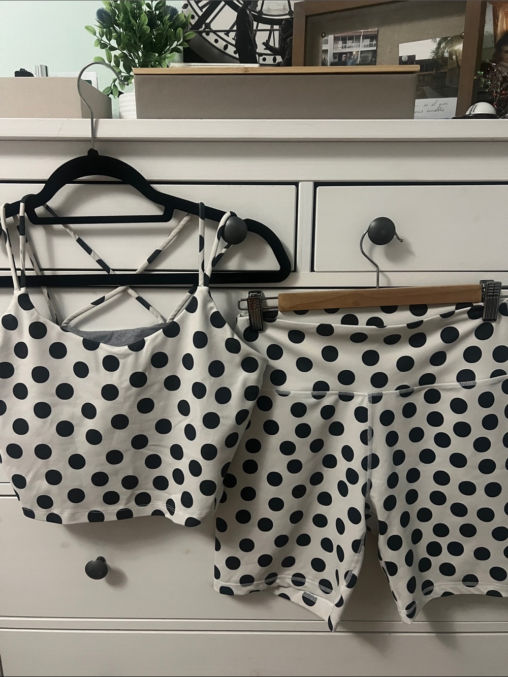 Womens White & Black Polka Dot matching work out wear. Sports bra/ biker short